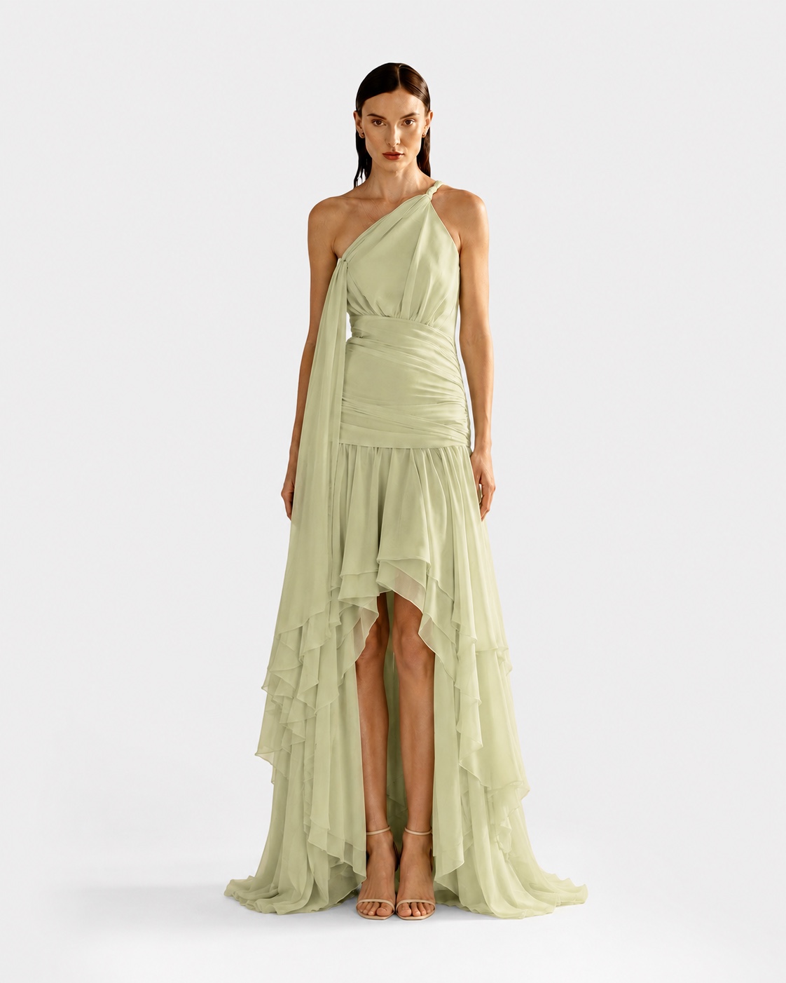 Sage Draped Cascade Gown