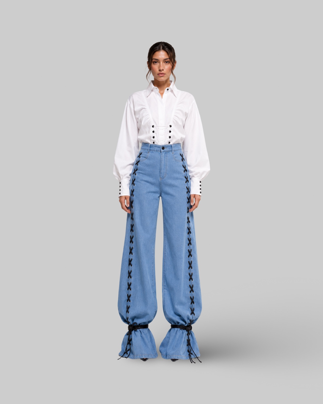 Ivory Corset Shirt & Laced Denim Trousers